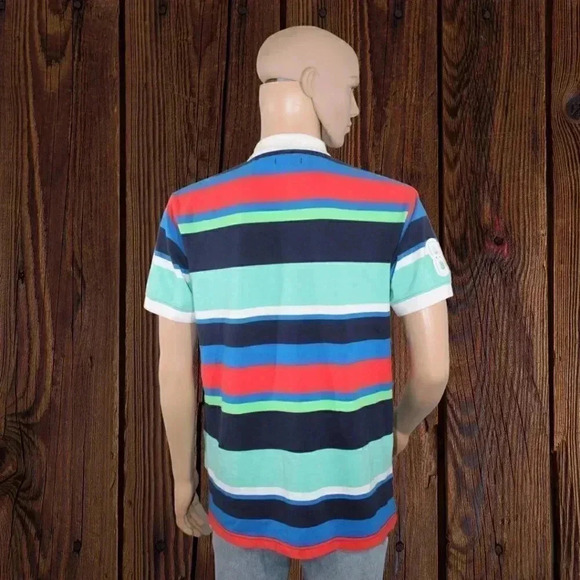 AKOO Polo Green Blue Red Navy White Multicolor Stripe Shirt White Log L - Picture 3 of 7